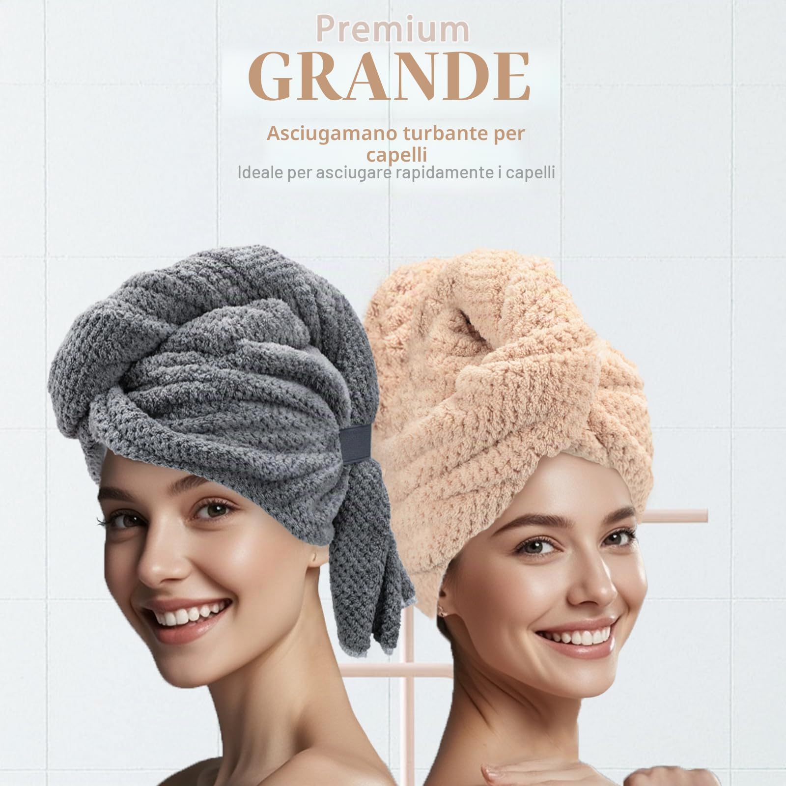 FREATECH 2-Pack Grande Asciugamano Capelli Microfibra 86 x 26 cm, Turbante Asciugacapelli per Capelli Lunghi Spessi Ricci, Super Assorbente Turbante per Capelli Anti-Crespo con Fascia Elastica