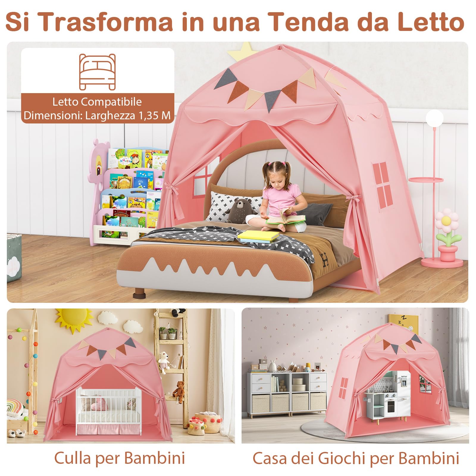RELAX4LIFE Tienda de Campaña Infantil con Cadena de Luces de 4 m, Banderines y 2 Ventanas Laterales para Niños de 3-12 Años, Parque Infantil Bebe (Rosa)