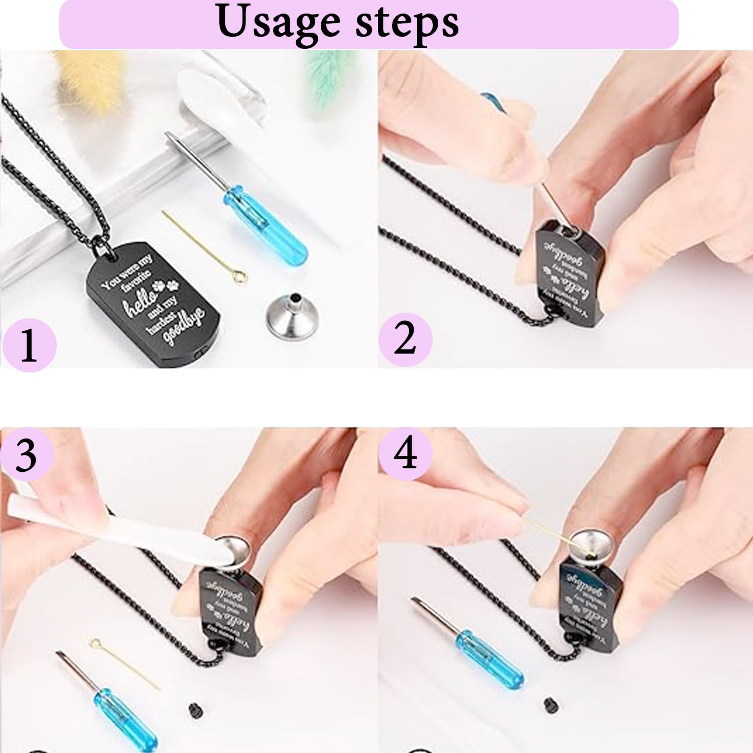 Personalized Pet Urn Necklaces for Dog Cat Ashes Memorial Dog Ashes Necklace Pawprint Cremation Jewelry Pet Keepsake Necklace with Box and Tools (Black) - Image 3