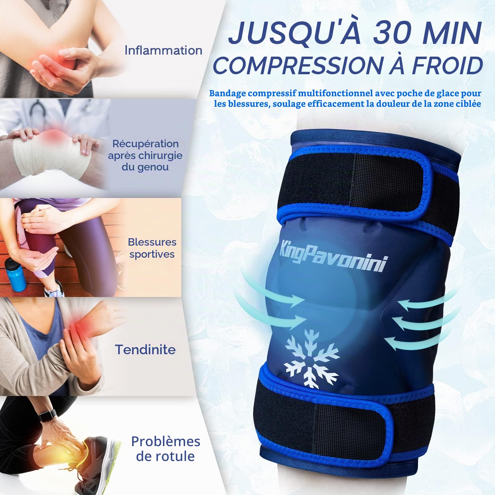 Lot de 1 poche de glace XXL enroulable autour de l'ensemble du genou après une chirurgie, sac de gel réutilisable pour blessures, grand sac de glace pour soulager la douleur, les gonflements, la