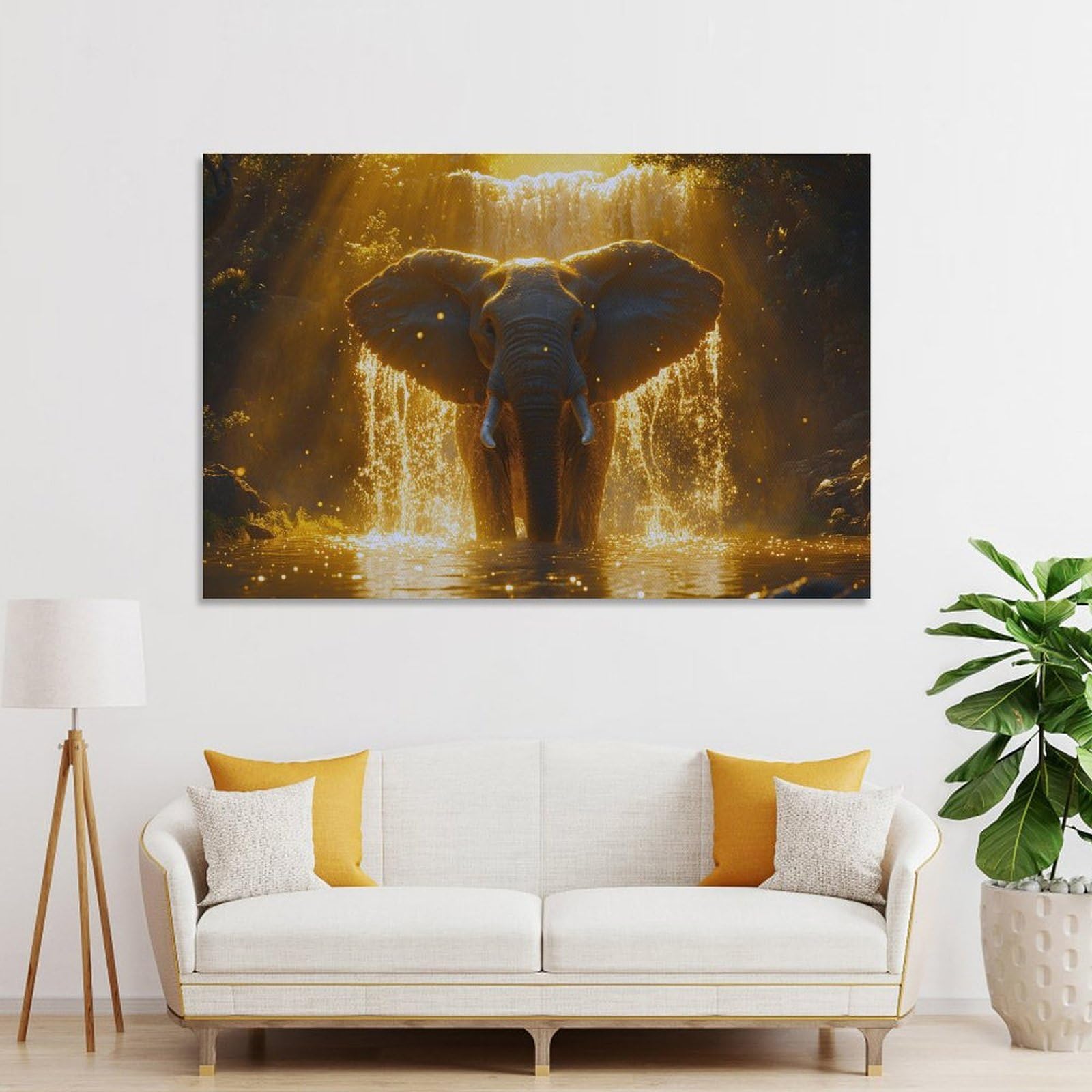 Junmoney Unframe-Style-16 Elephant Waterfall Golden Light Room Decor Wall Art, 08X12inch(20X30cm), For Entrance Walls, Hall Decor Or Foyers, A Neat Decor Update For Hallways