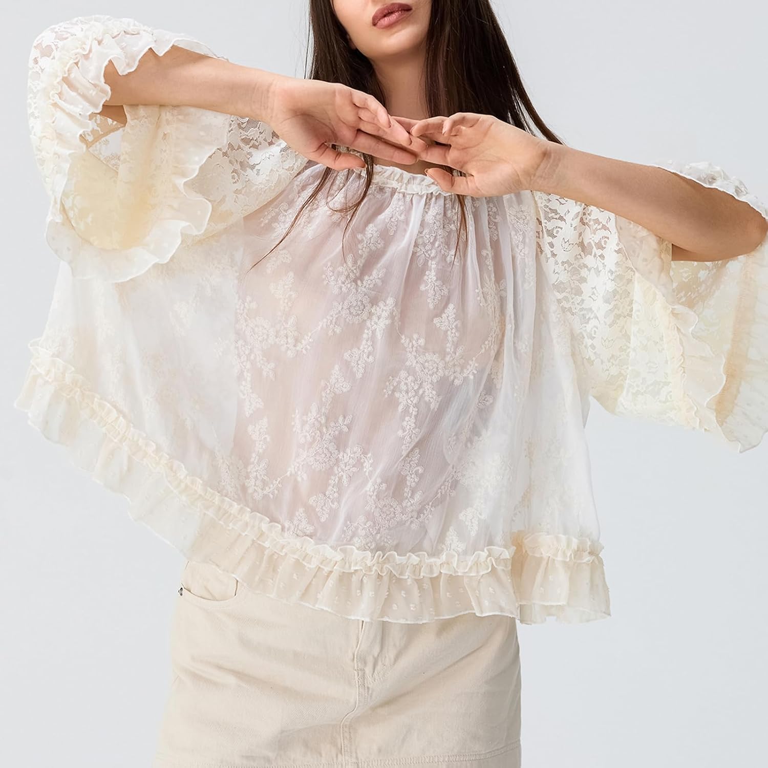 Mxiqqpltky Boho Blouse for Women Elegant Floral Lace Long Sleeve Crew Neck Ruffle Sheer Tops Trendy Mesh Flowy Crop T-Shirt - Image 4