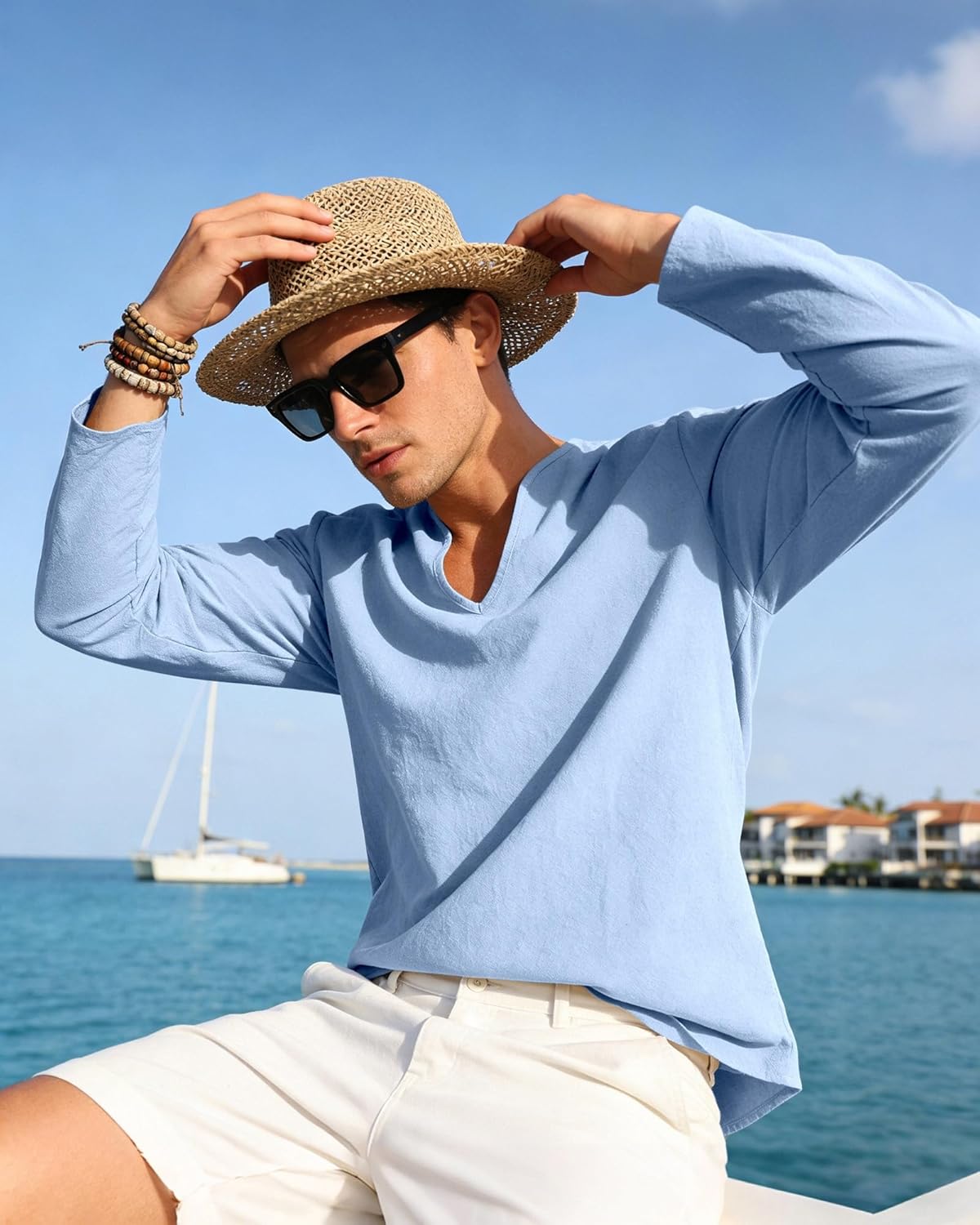 Mens Cotton Linen Shirts V-Neck Shirts Casual Long Sleeve Hippie Yoga Tops Lightweight Summer Beach Shirt