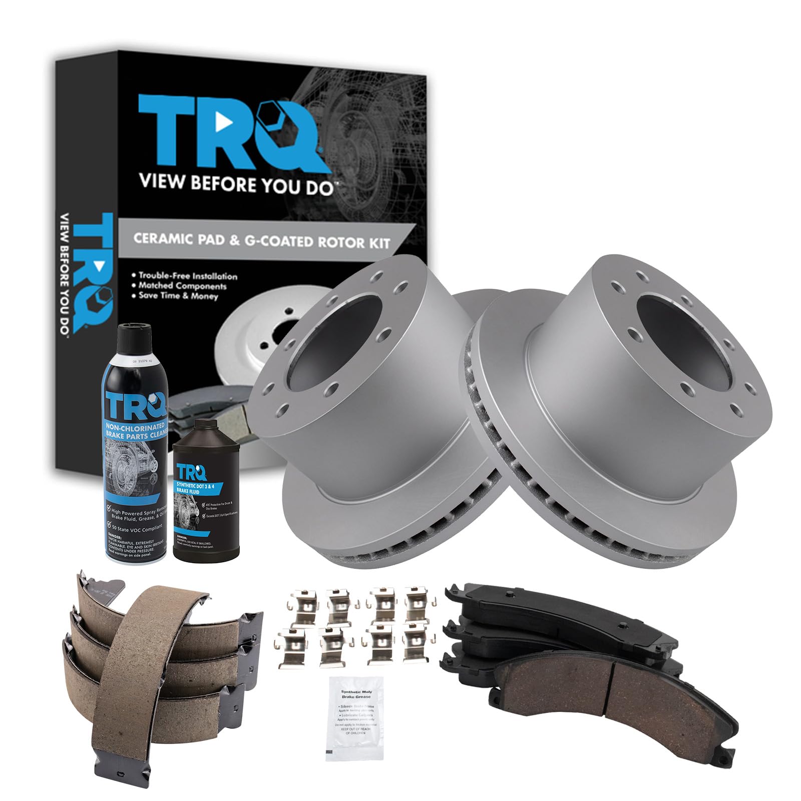 TRQ Rear Brake Pad &amp; Rotor Kit, with Chemical Kit Parking Brake Shoe Set Ceramic Premium G-Coated Compatible with 2013-2017 Chevrolet Silverado 3500 HD GMC Sierra 3500 HD