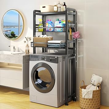 mignonnememe Over Washer and Dryer Shelves 3 Tier Shelving Laundry Room Storage Organization Clothes Drying Rack with 4 Hooks for Laundry Room Toilet Black