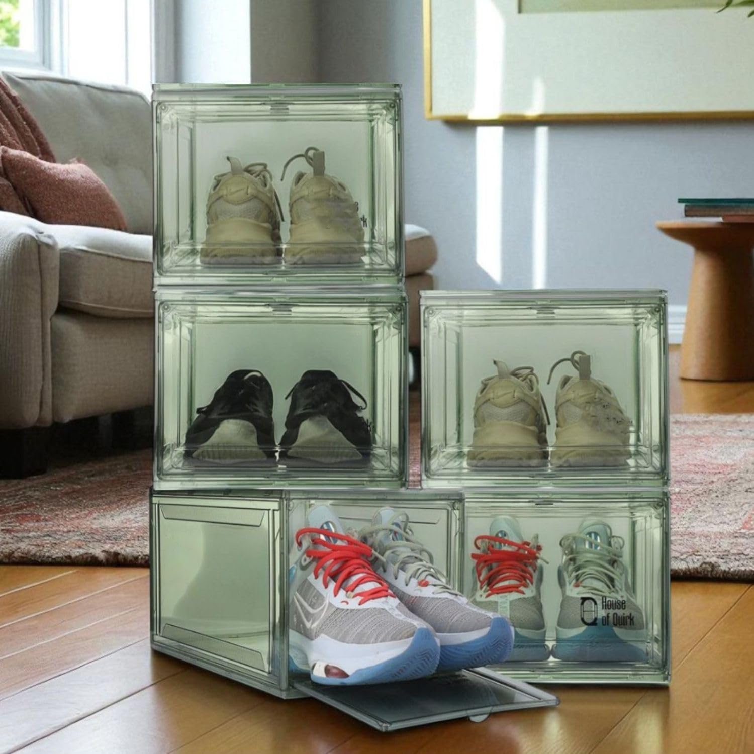 Amazon Brand - Umi Grey Shoe Box with Magnetic Front Door Stackable Sneaker Display Box & Organizer Pack of 5 – Acrylic Dustproof Shoe Storage Cabinet Transparent Shoe Rack & Sneaker for Home Display