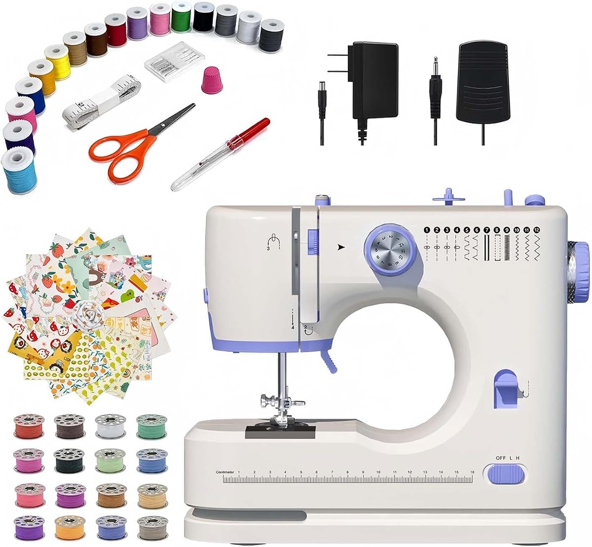 Sewing Machine for Beginners with 20Pcs Fabric & 32Pcs Sewing Threads Kit,Portable Sewing Machine with 12 Built-in Stitches & 2 Speed(High-Low Speeds)-23 (blue white)