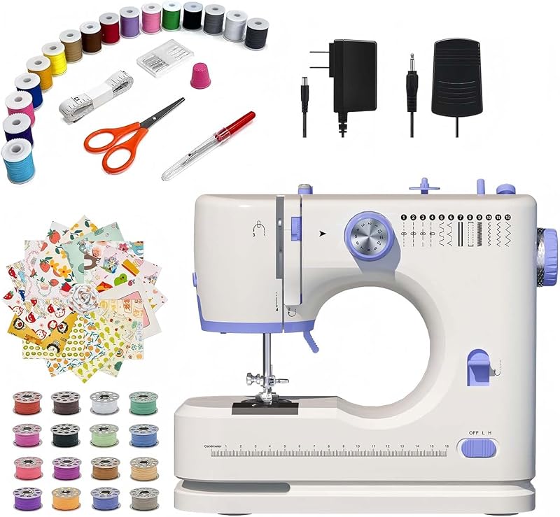 Sewing Machine for Beginners with 20Pcs Fabric & 32Pcs Sewing Threads Kit,Portable Sewing Machine with 12 Built-in Stitches & 2 Speed(High-Low Speeds)-23 (blue white)