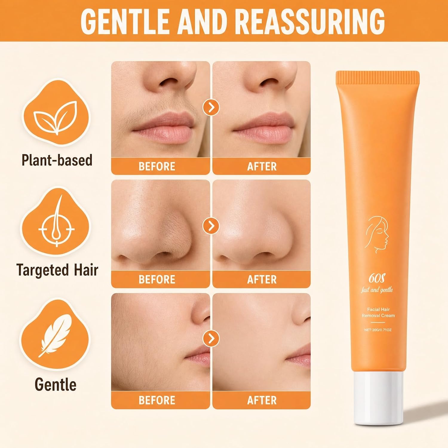 2PCS Facial Hair Removal Cream - Gentle & Fast Hair Remover for Women, 60s Smooth Results for Upper Lip, Face, and Body, Painless Hair Removal Kit for Sensitive Skin