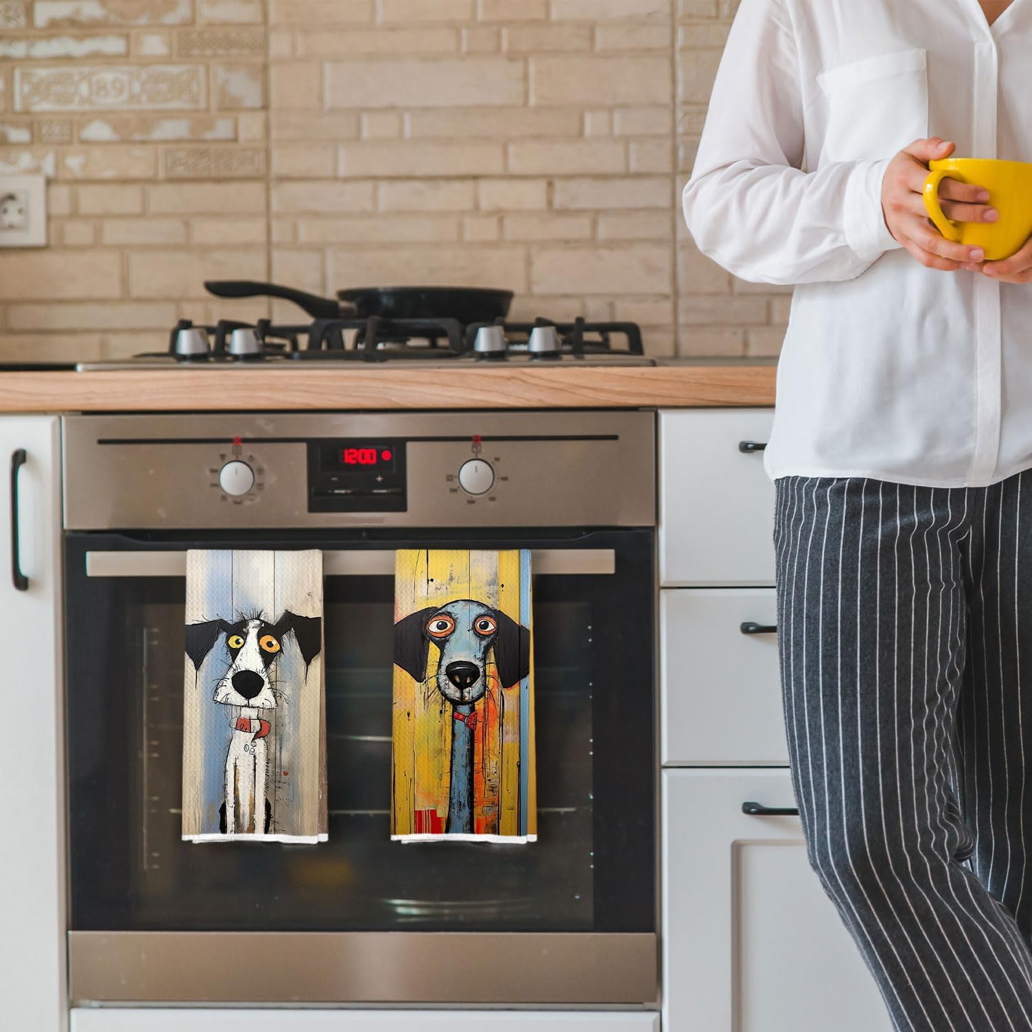 Funny Dog Kitchen Towels Set - Whimsical Dog Waffle Decorative Dish Towels, Whimsical Abstract Scruffy Puppy Hand Towel, Tea Towel, 16x24 Inch - Image 3