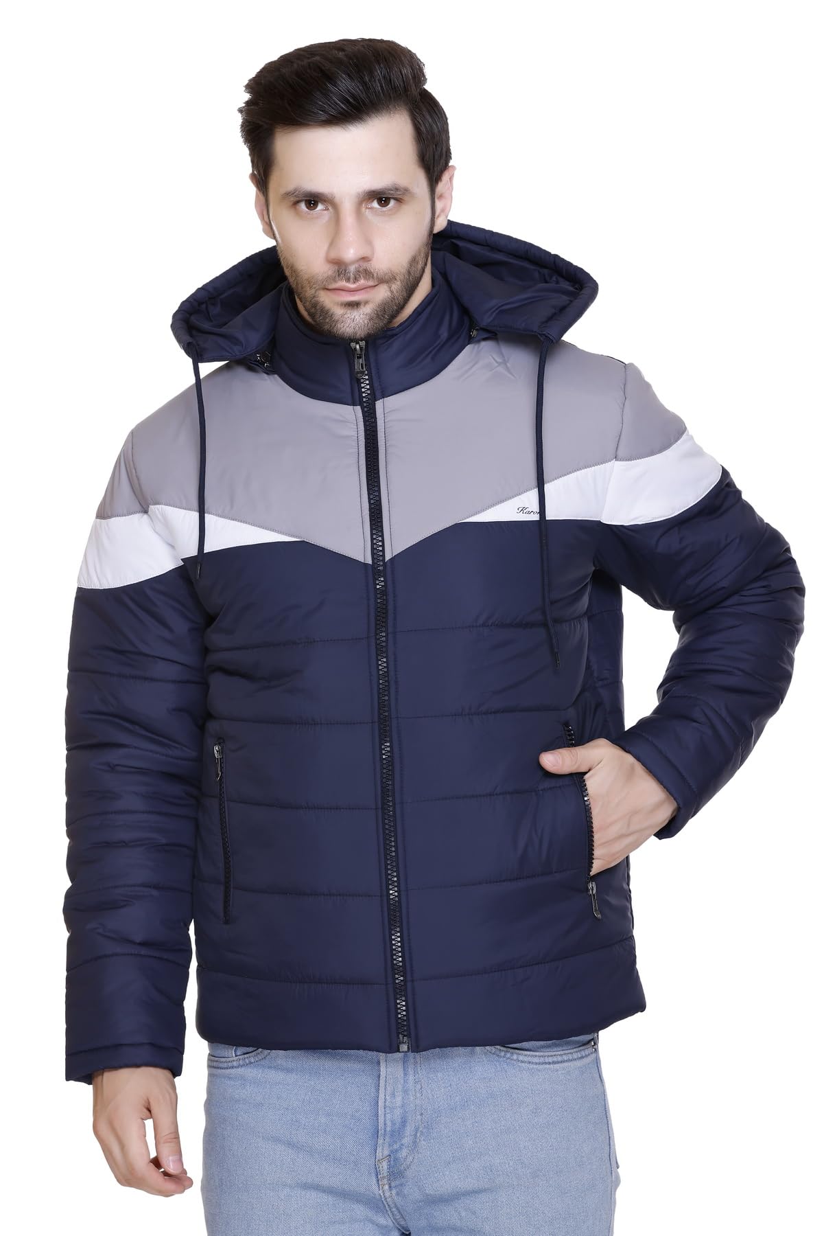 karori Men's Navy Blue and Grey Hooded Puffer Jacket, Quilted, Zip Front-picture-16