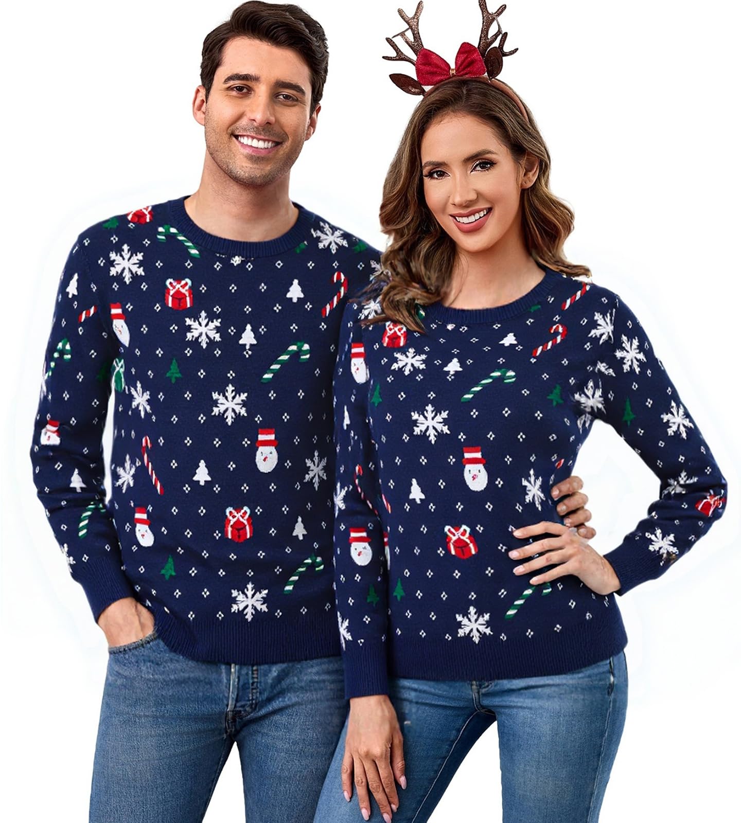 Aottori Jersey Navidad Mujer Hombre Manga Larga Cuello Redondo Reno y Nieve | Para Invierno, Diseño Pullover, para Fiestas Navideñas, Ideal para Capas, Fácil de Combinar