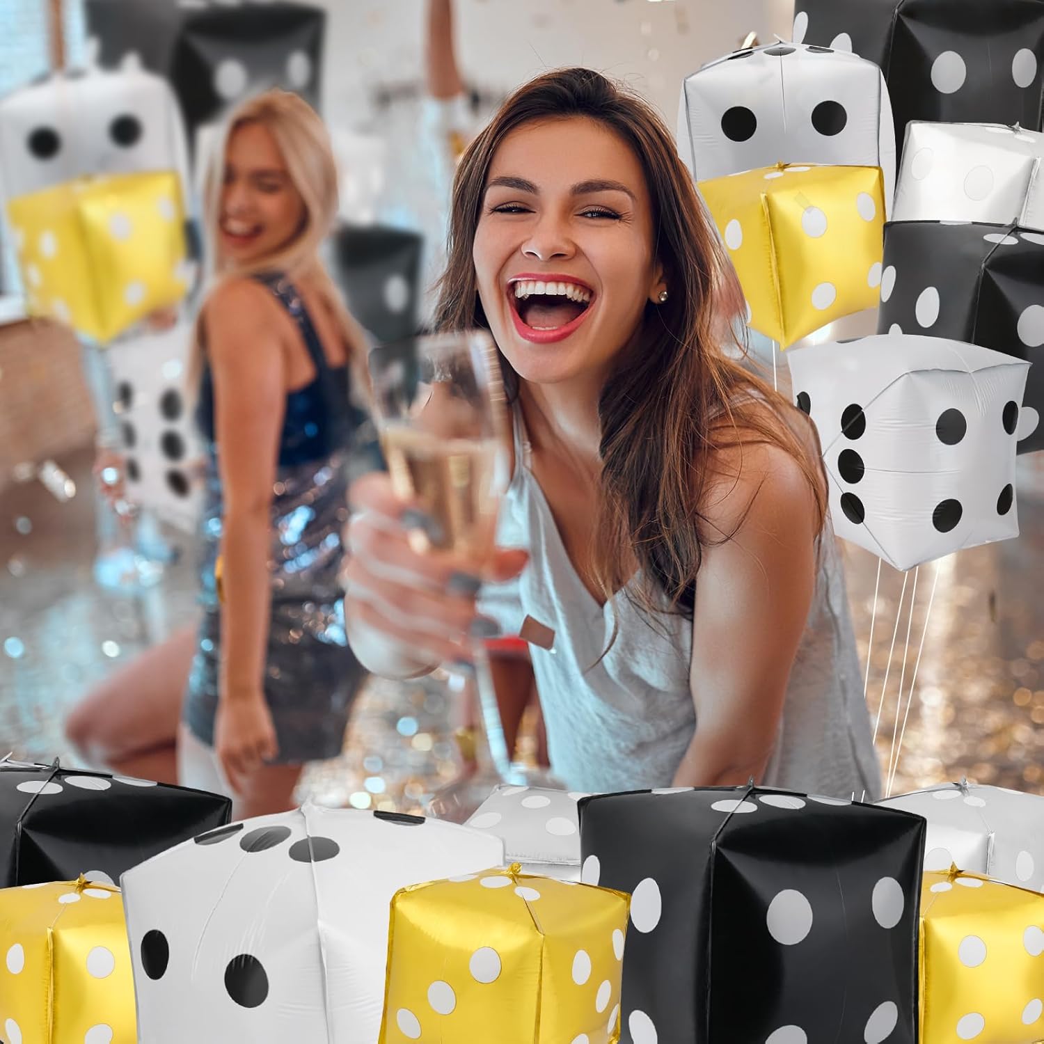 12Pcs Jumbo Dice Balloon Set Cube Big Dice for Casino Theme Party Decorations Inflatable Square Balloon for Night Prom Activities Vegas Game Birthday Prom Party Supply(Black, White, Silver, Gold)