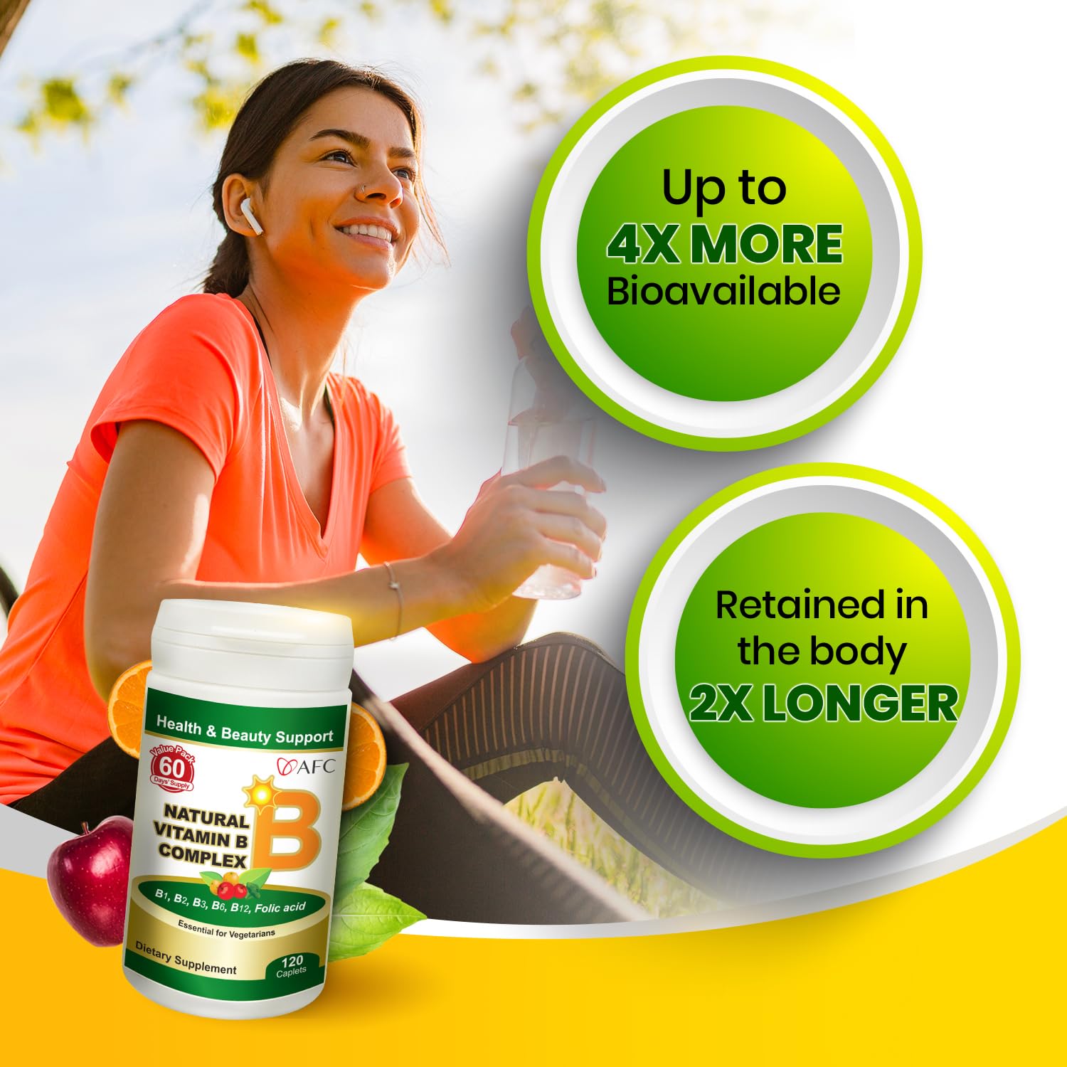 Amazon.com: AFC Japan Natural Vitamin B Complex with B1, B2, B3, B6, B12, Folic  Acid & Glutathione Yeast Extract, No Synthetics, Non-GMO, Supplement for  Stress, Energy, Immune & Nervous System,120 Vegan Caplets :
