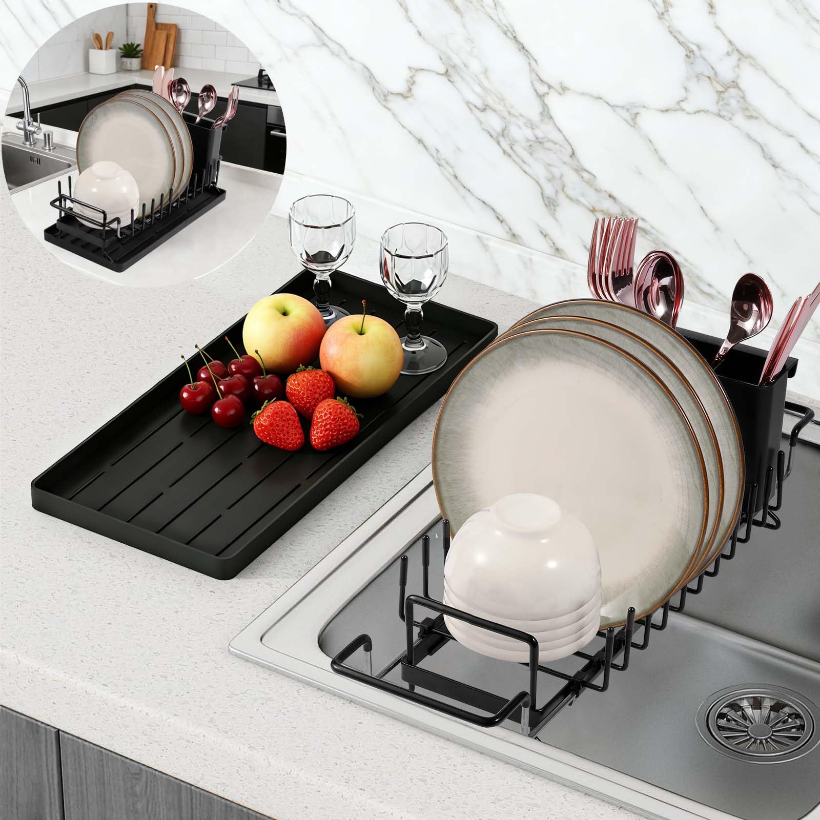Sink Dish Drying Rack Small Sink Over Dish Rack with Silicone Drying Tray