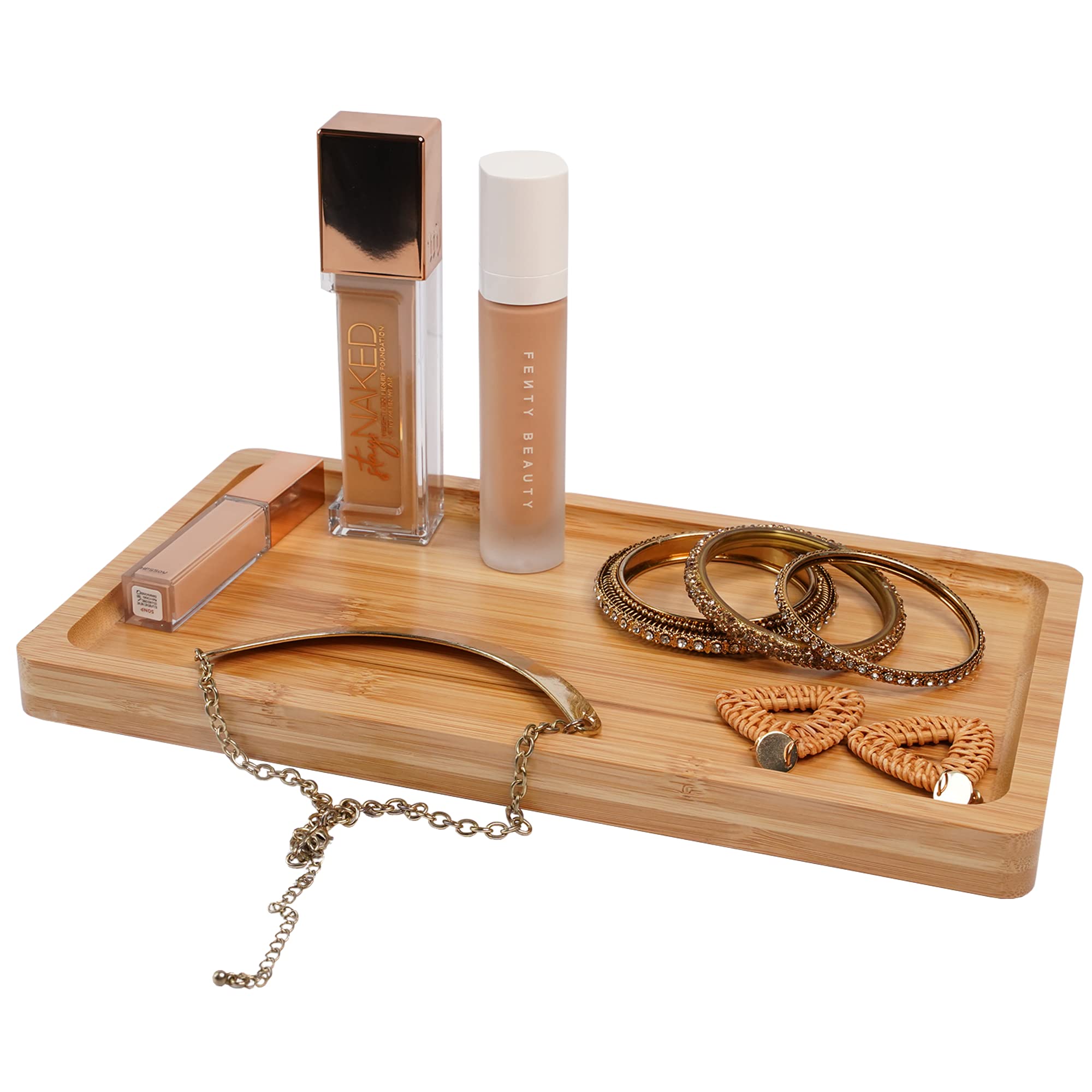 YELLOW LOTUS Bamboo Vanity Tray, 12 inch, Brown, Wooden, Slip Resistant, Perfume, Makeup, Jewelry Organizer, Decorative Toilet Tank Tray