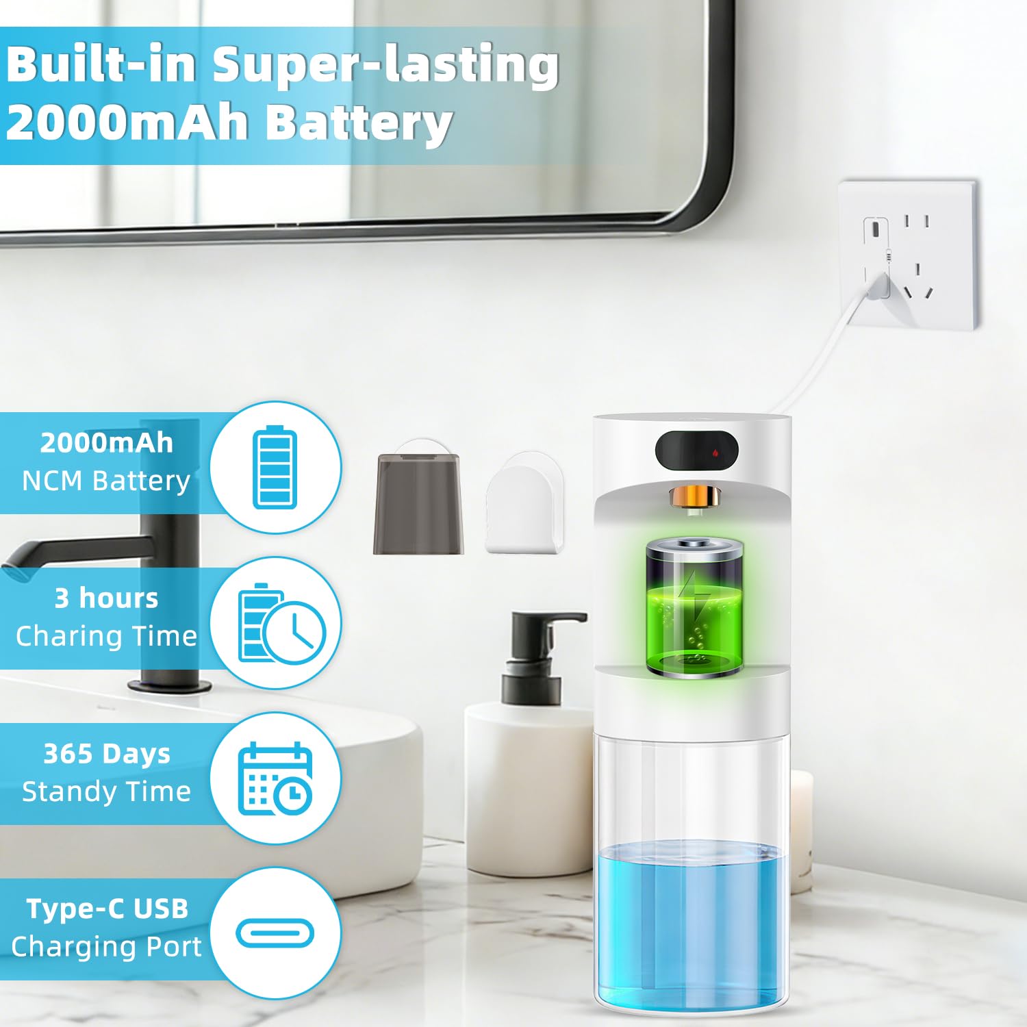 Distributore automatico di collutorio per bagno, 2000 mAh, erogatore elettrico touchless per collutorio con tazze magnetiche, dispenser da parete da 590 ml, dispenser collutorio per bambini e