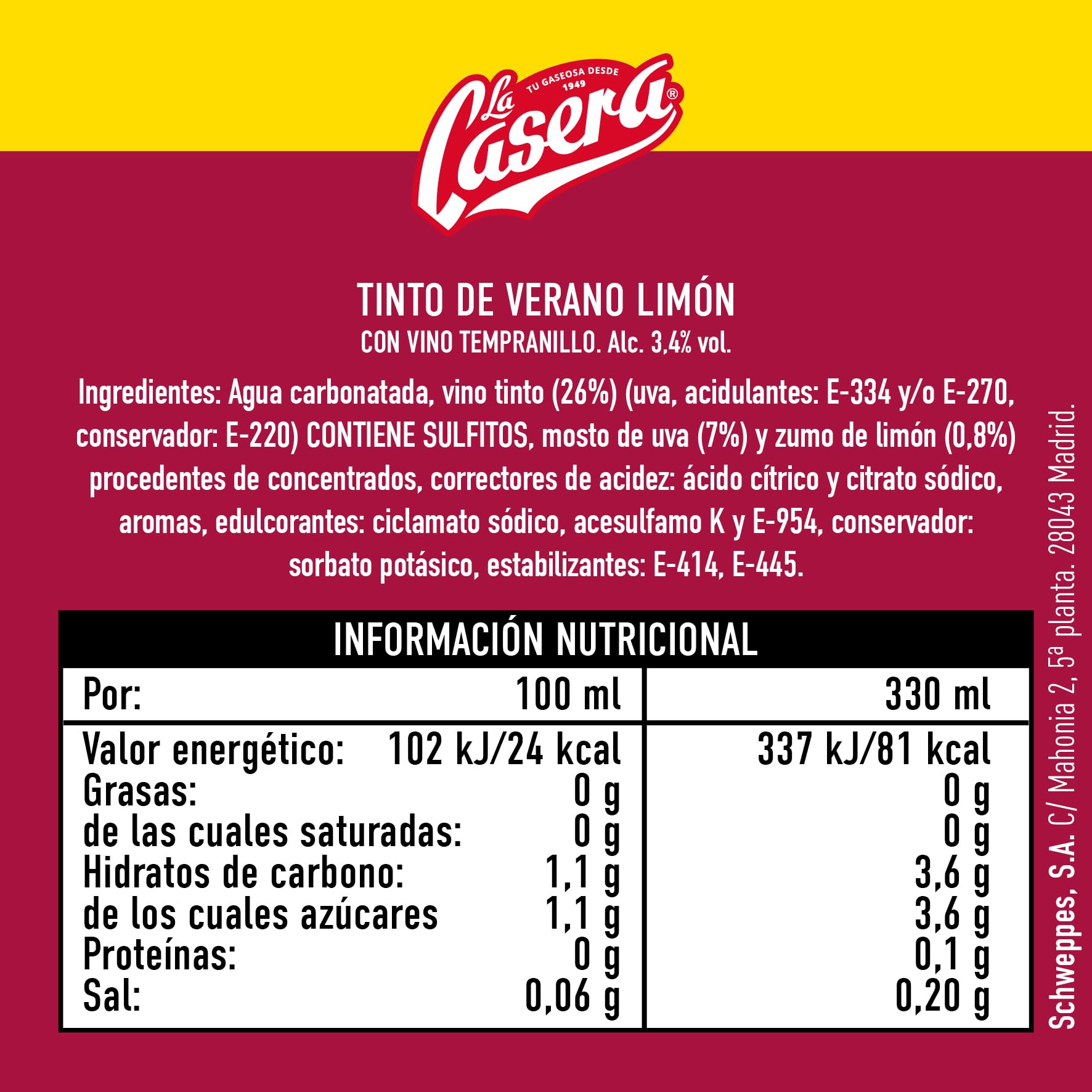 La Casera® Tinto de Verano con Limón - Lata, Pack 24 x 33 cl