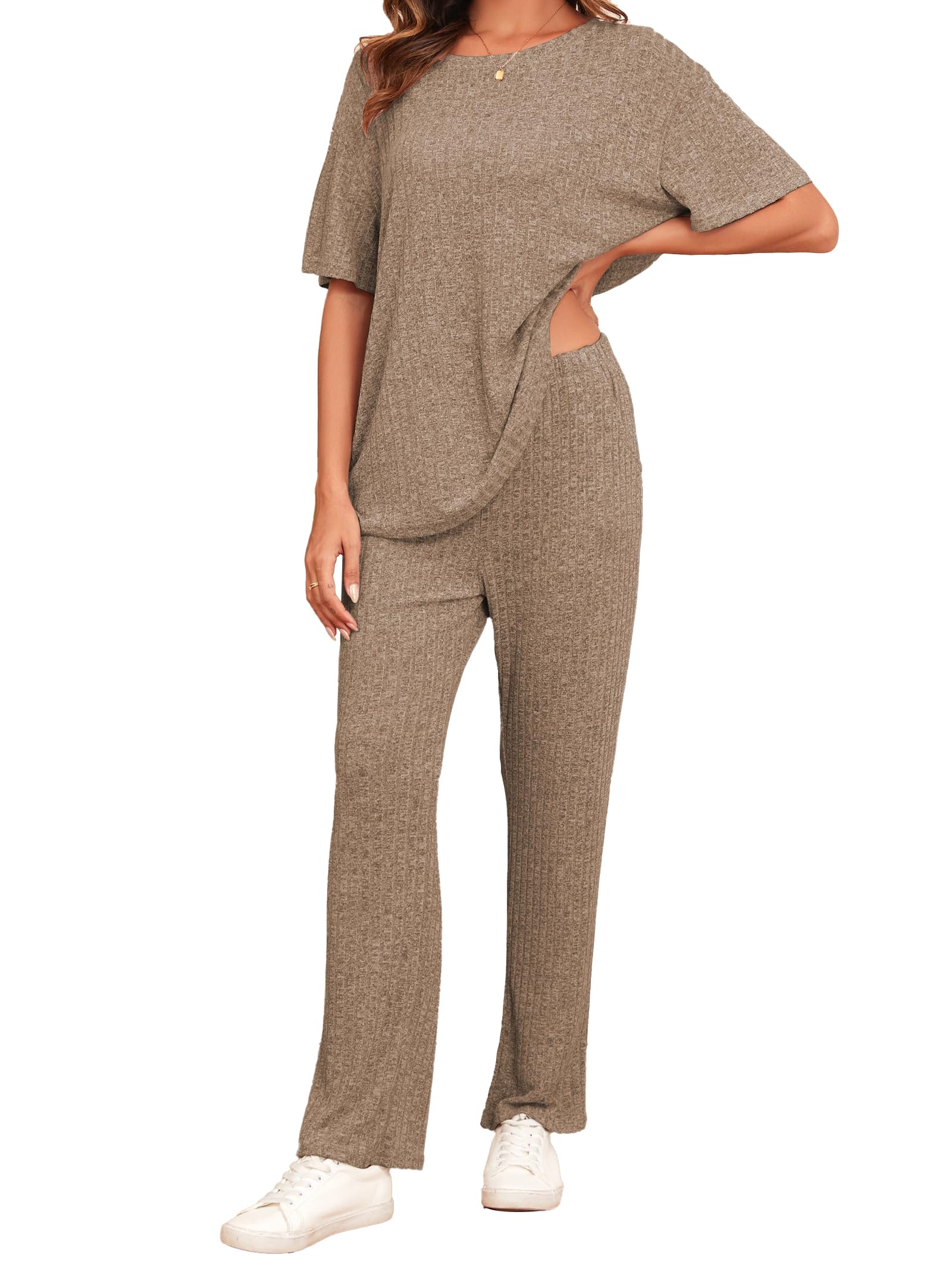 Famulily Schlafanzüge für Damen Sommer Kurzarm Loungewear Hausanzug Weites Bein Freizeitanzug Zweiteiler Set Outfit mit Taschen