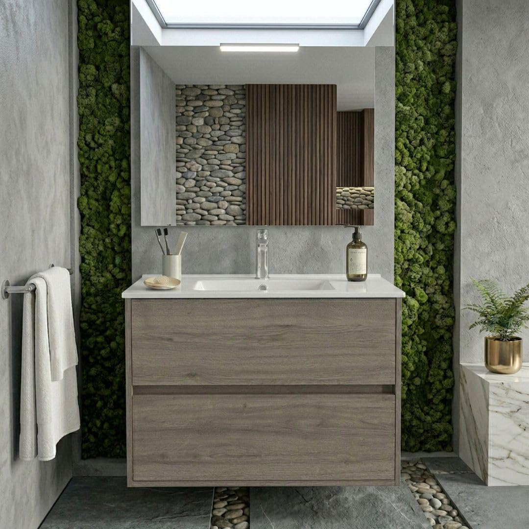 Mobile bagno sospeso 80x45 cm colore rovere scuro con 2 cassetti e lavabo incluso – Soria