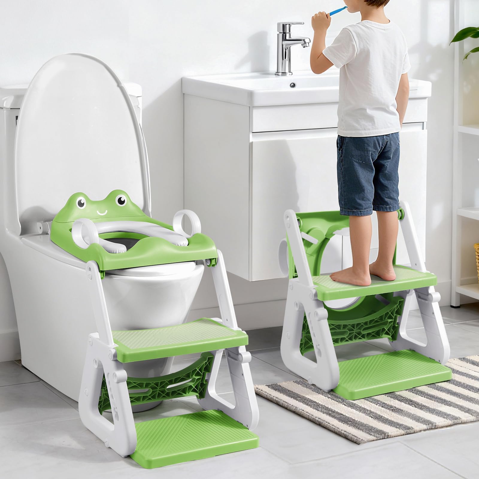 Orzbow Frog Potty Training Seat Toddler Toilet Seat with Step Stool Ladder 2-in-1 Potty Training Toilet Essentials for