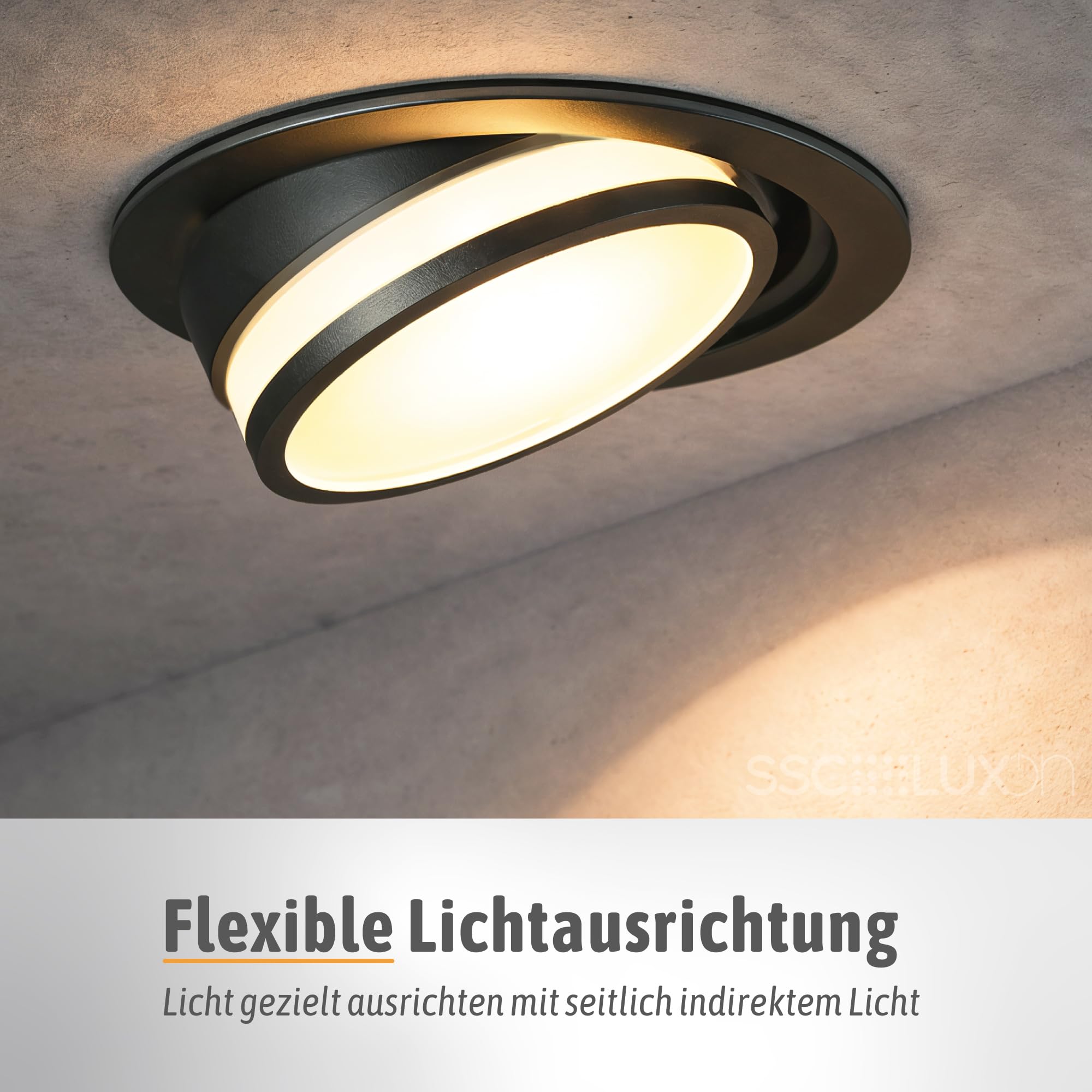 SSC-LUXon LAGO LED Einbauspot 4 Stück schwarz indirekt 4W 3 Lichtfarben | Vier Design-Deckenspots schwarz mit indirektem Licht - warm / neutral / tageslicht, schwenkbar, inkl. LED, nur 35mm tief