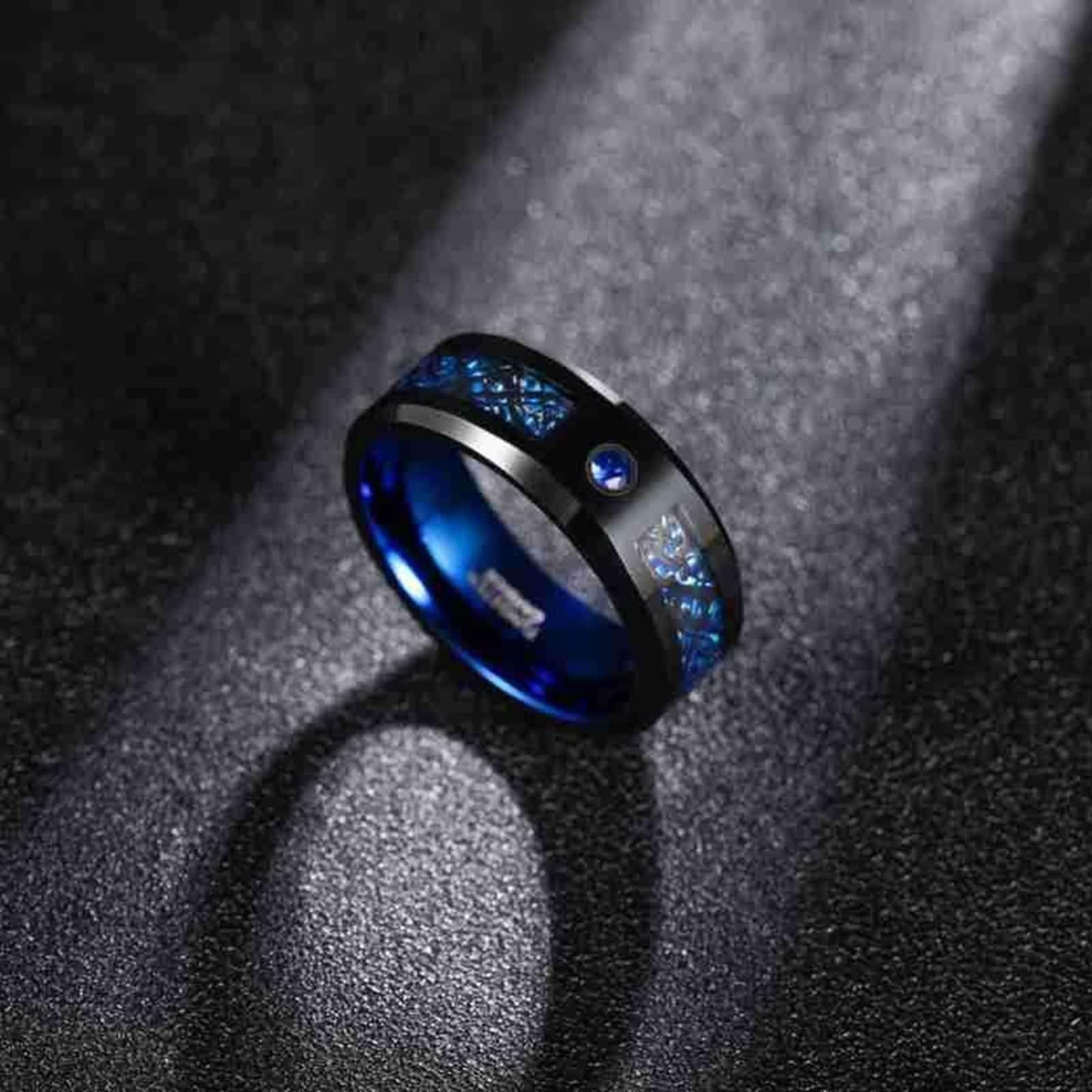 Anello in tungsteno da uomo, in fibra di carbonio, con intarsio blu