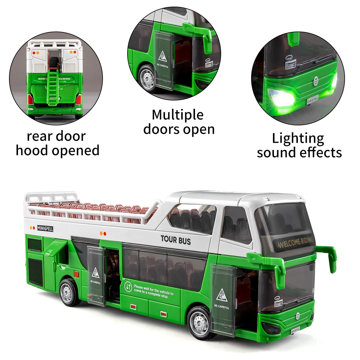 Autobús urbano de juguete con luces y sonidos para niños y niñas, juguete realista de autobús de dos pisos, gran regalo para niños y niñas a partir de 3 años (verde) 2