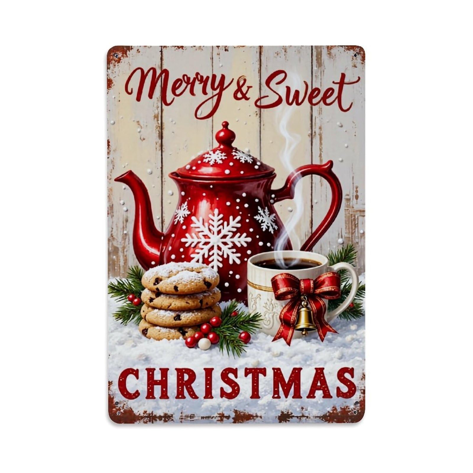 Jdfenggu Vintage Red Teapot Snowflake Cookies Coffee Mug Retro Metal Tin Sign, Decor Art Poster For Bar, Home, Man Cave, Kitchen, Laundry Room Gift 8X12inch