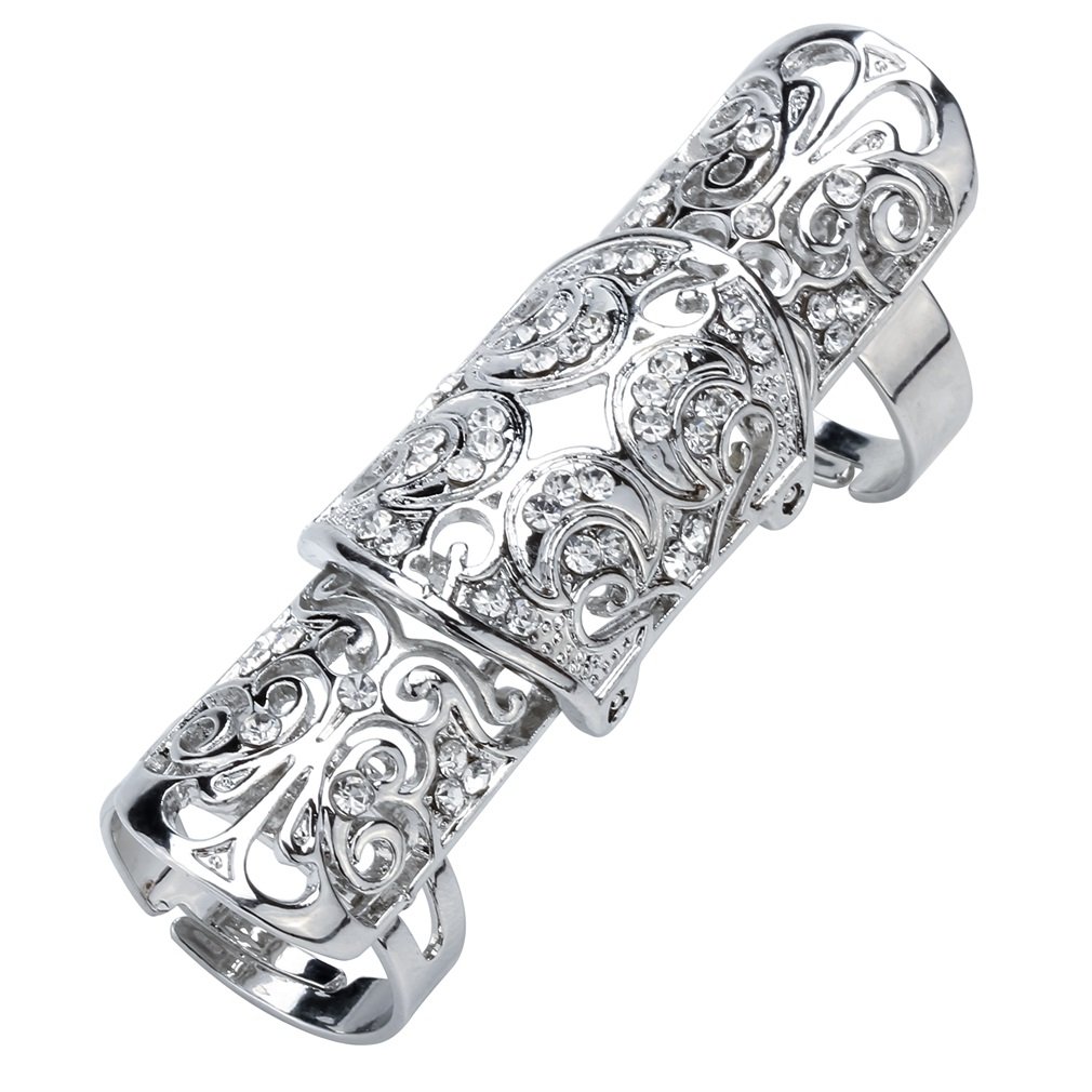 Szxc Jewelry Women's Crystal Double Full Finger Armor Knuckle Ring Adjustable