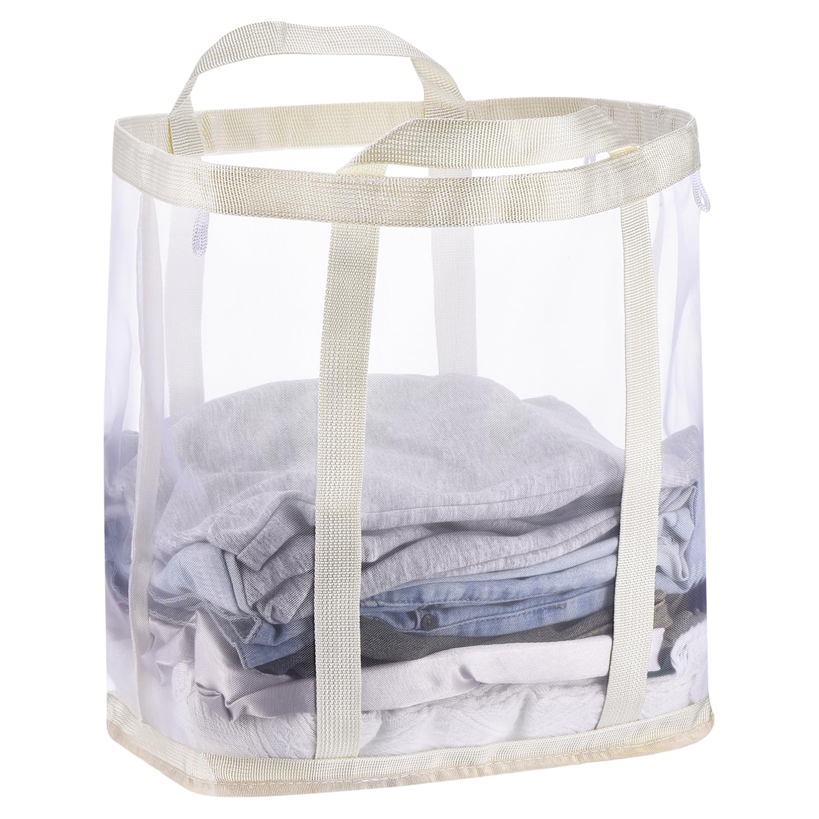 sourcing map Collapsible Laundry Basket,Mesh Hamper with Handles,Foldable Laundry Bag,Breathable Hanging Laundry Hamper for Washing Storage,Bathroom, Dorm,Travel,Beach, Beige Large