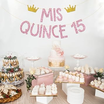 Mis Quince 15 Banner, Pink Glitter, Girl's 15th Birthday Bunting Banner, Feliz Cumpleanos 15, 15 Years Old Birthday, Spanish Themed Happy 15th Birthday Party Decoration Supplies