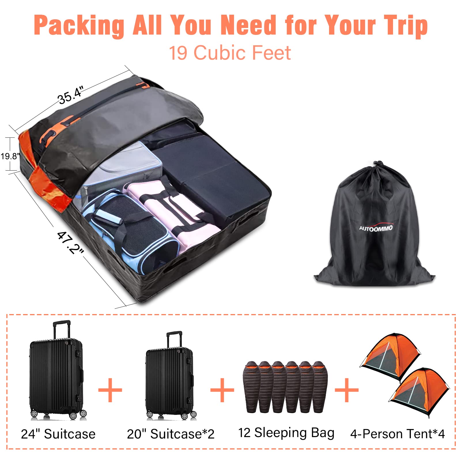 AUTOOMMO 19 Cubic Rooftop Cargo Carrier, Waterproof & Strength Anti-Tear Car Roof Top Carrier, 10 Heavy-Duty Straps for All Vehicles with/Without Rack, Includes Anti-Slip Mat,6 Door Hooks,Luggage Lock