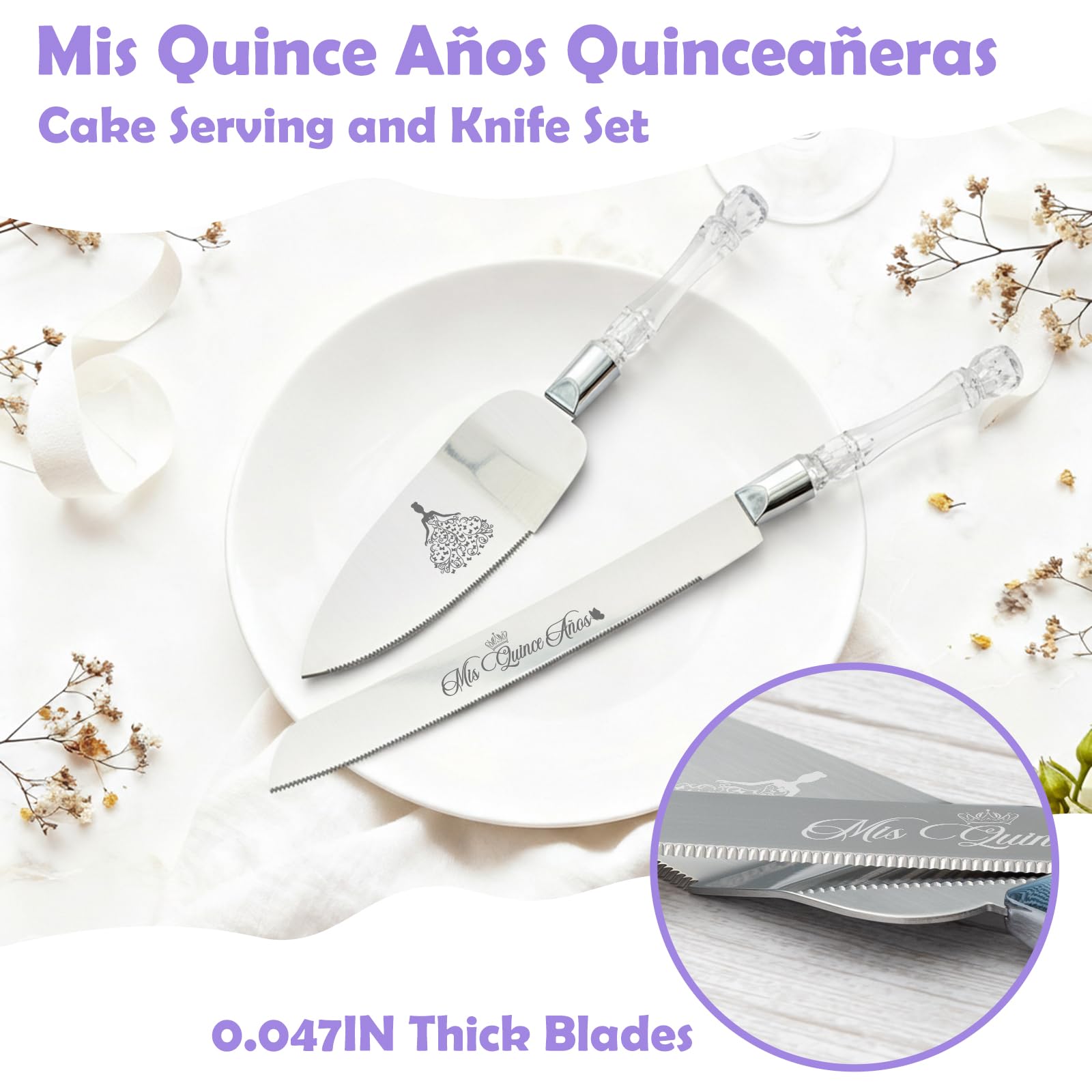 Mis Quince Años Quinceanera Cake Knife and Server Set - Sweet 15 Birthday Gifts for Girls, Feliz 15 Anos Party Decorations & Keepsake, Stainless Steel Cutting Set with Crystal Handles, Silver