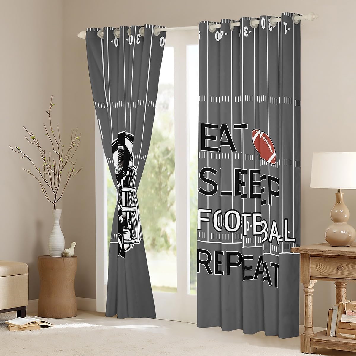 Feelyou Football Blackout Curtains (2 Panels, 42 x 63 Inch) Cartoon Eat Sleep Soccer Curtains for Bedroom Living Room Football Grey Darkening Drapes Window Treatments