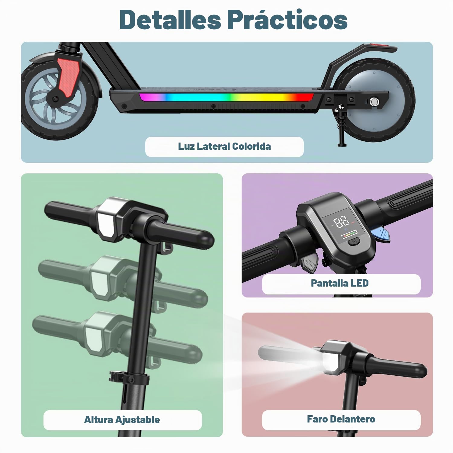 RCB R12 Pro Patinete Eléctrico Niños para 6-12 años, hasta 18km/h y 15km, 3-Altura Ajustable, 7" Plegable Patinete Eléctrico,Luces de Arco Iris,Pantalla LED, Regalos para Niños