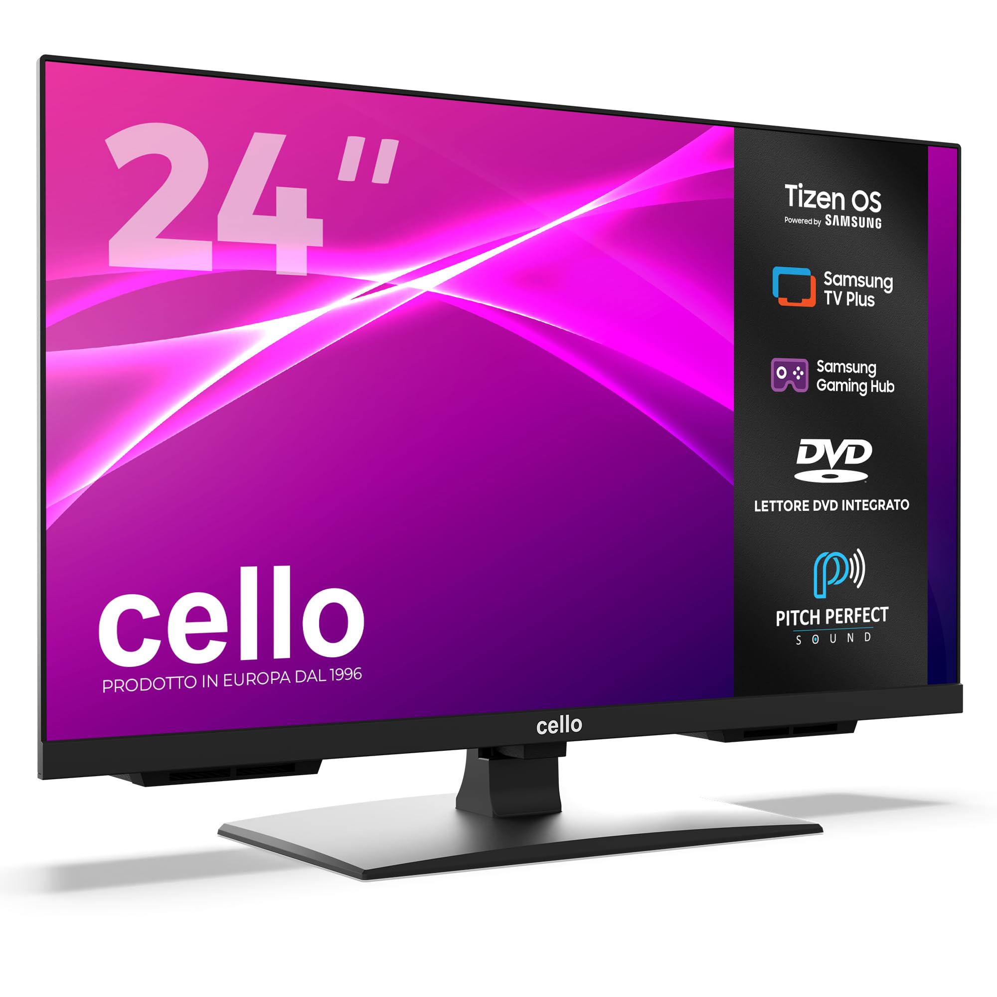 Cello C2426TZF TV/DVD Smart 24" senza cornice con Tizen OS di Samsung, Gaming Hub, altoparlanti Pitch Perfect, Bluetooth, prodotto nel Regno Unito, ideale per cucina e camera da letto.