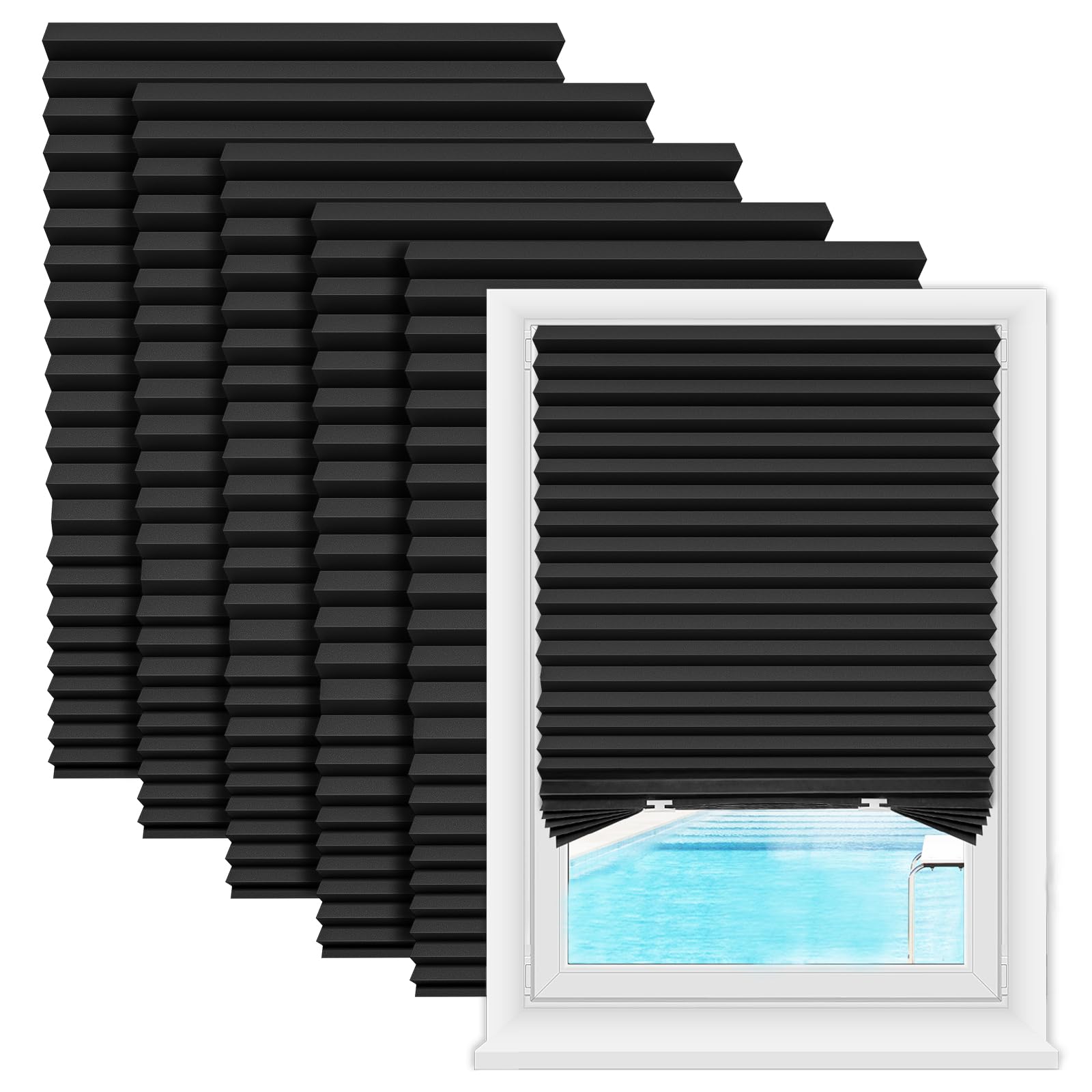 Zipcase 6 Pack Window Blackout Shades, 100% Shading Cordless Light Filtering Pleated Paper Shades, 36 in x 72 in(Fits Windows 19''- 36''), Black