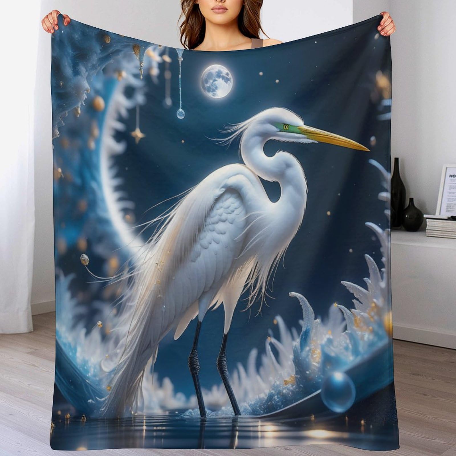Couverture super douce grue blanche contre les frissons d'hiver sur le sofa