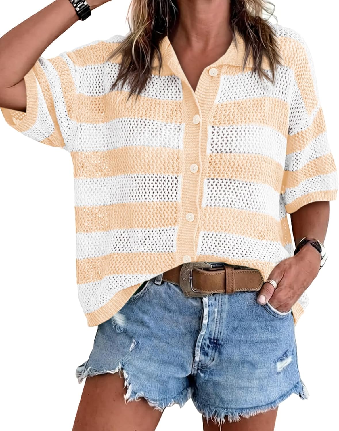 Cicy Bell Womens Summer Striped Crochet Cardigan Sweater Half Sleeve Button up Tops Loose Fit Cover Up