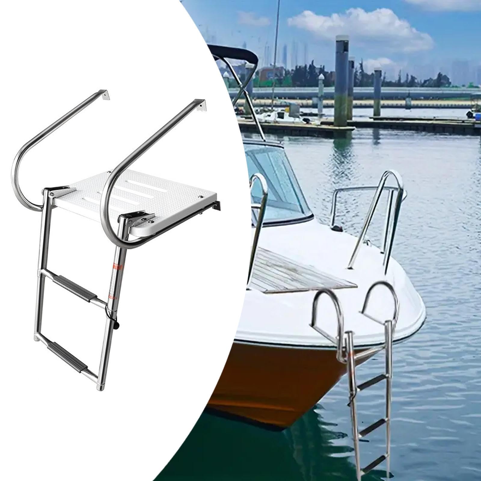 Scaletta pieghevole a 2 gradini in acciaio inox con piattaforma antiscivolo, per yacht, barche, piscine, colore bianco