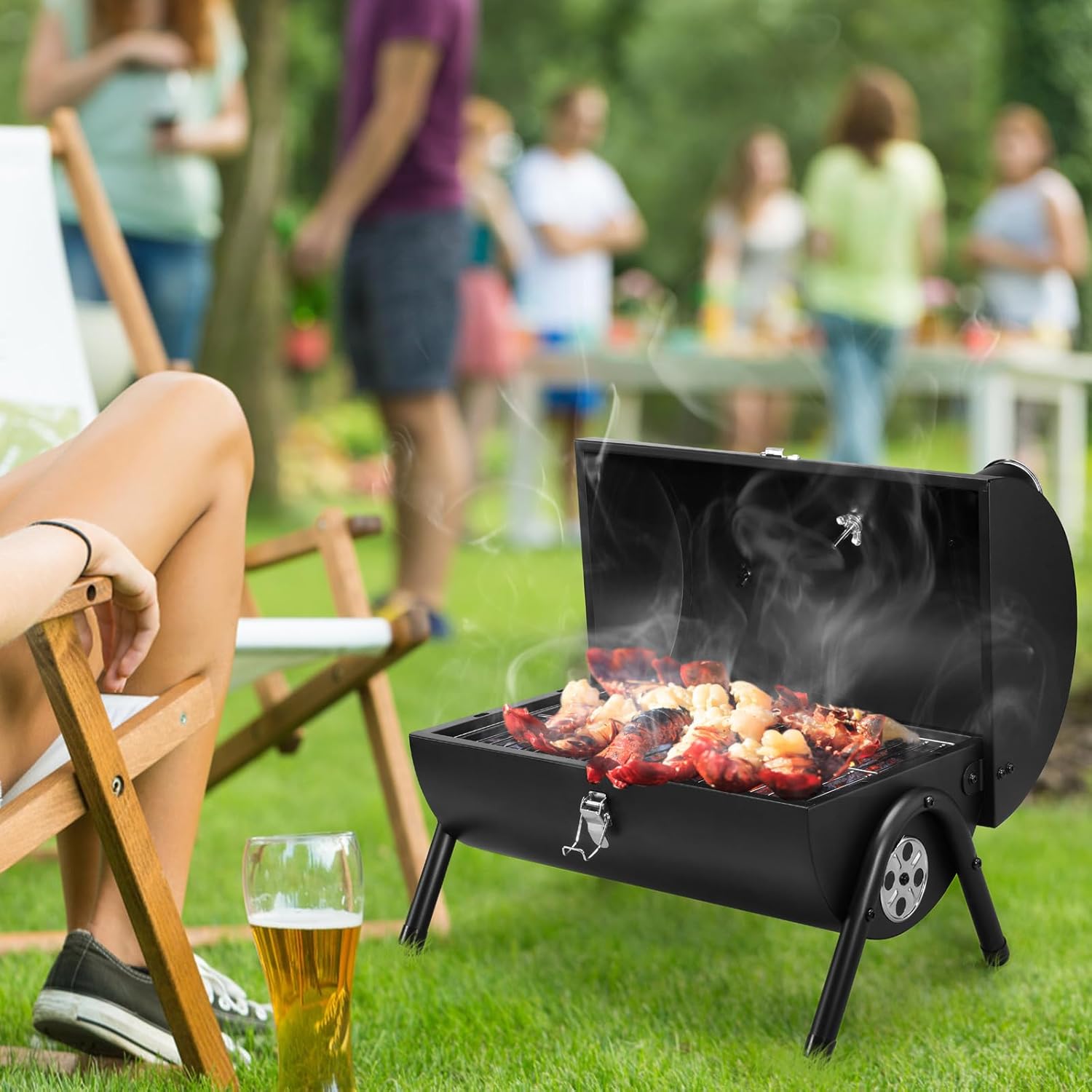 Portable Grill Charcoal for Outdoor, Leonyo Small BBQ Charcoal Grill for Tabletop, Thermometers & Chimney, 119 Sq.in Cooking Surface for Barbecue, RV Travel, Camping, Beach