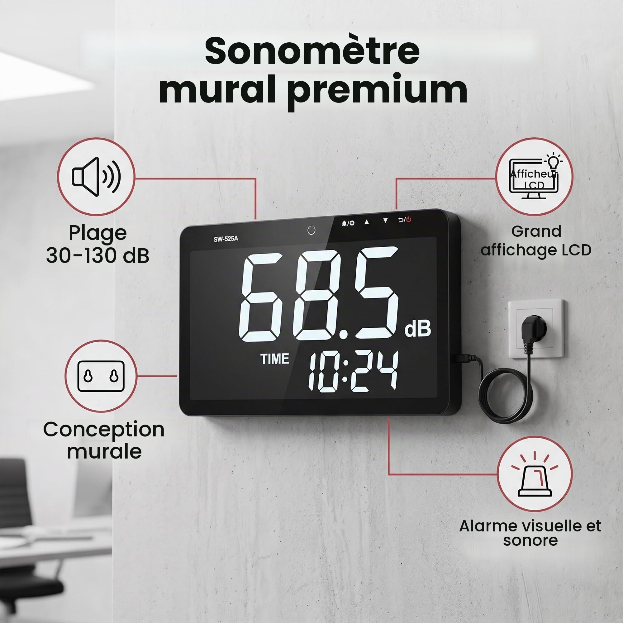 Sonomètre 30~130 DB, Grand écran LCD de 9,6 Pouces, Testeur de Mesure du Bruit en Décibels Suspendu au Mur avec Enregistreur de Données et Alarme