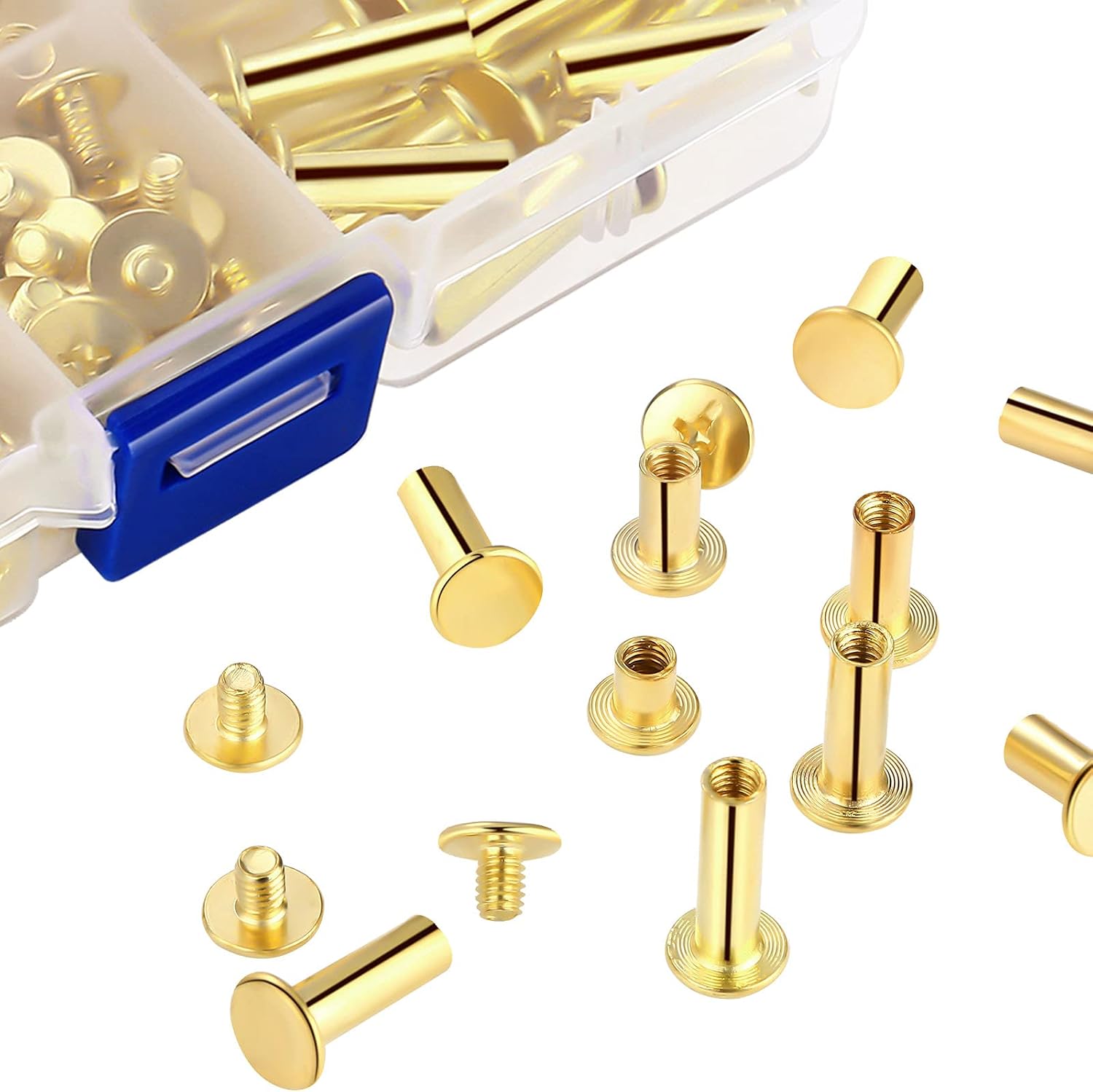 Pangda 80 Sets Chicago Screw Leather Rivets Assorted Kit Chicago Binding Screws 5 Sizes Metal Round Cross Head Stud Screw Post Nail Rivet Button for DIY Leather(5 x 6, 10, 12, 15, 18,Gold)