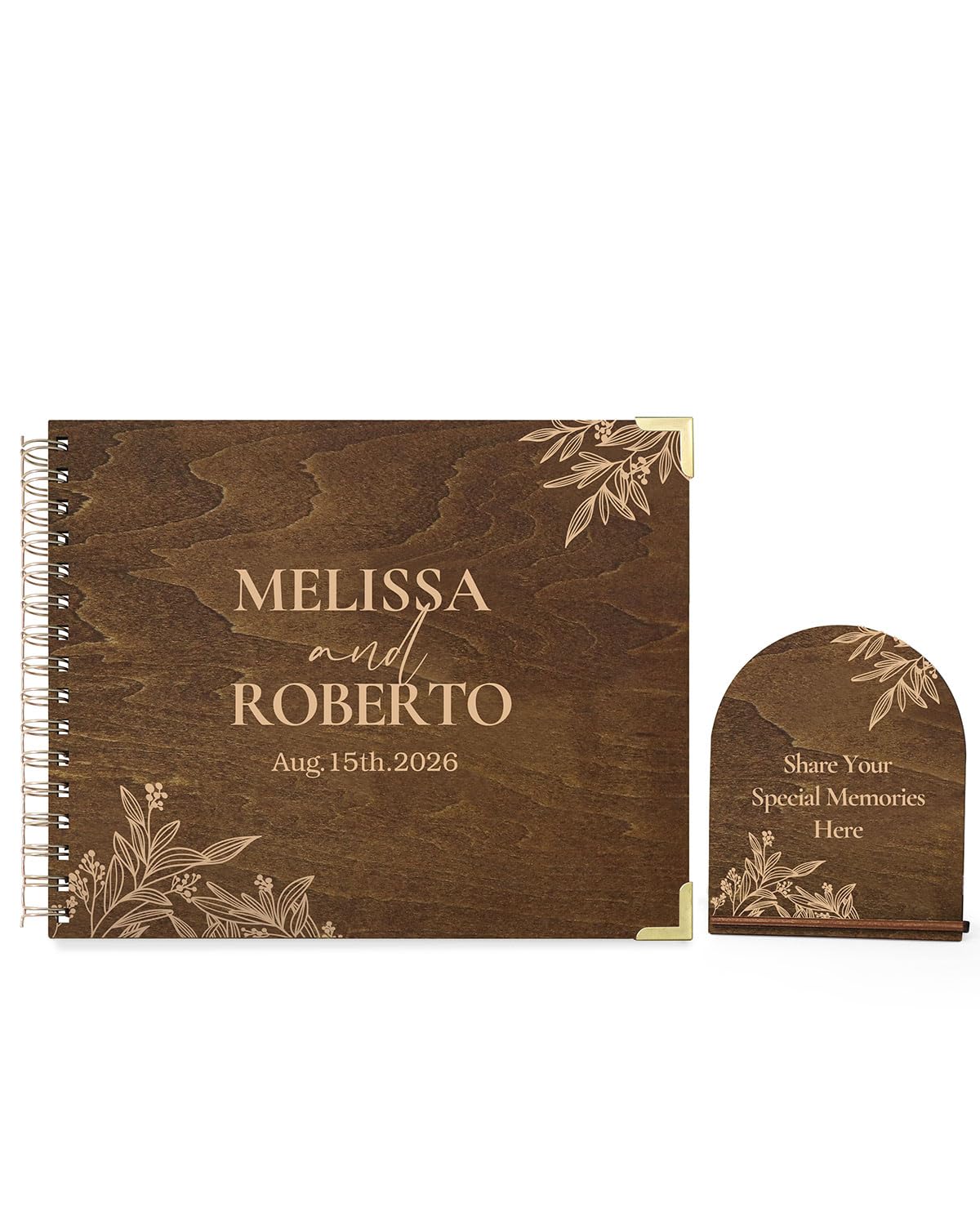 Personalisiertes hölzernes Gästebuch mit Tischschild, 100 leere Seiten, 27,4 x 21,3 cm, Spiralbindung, Polaroid-Schild im Buch für Hochzeit, Party, Jahrestag, Beerdigung, Geburtstag