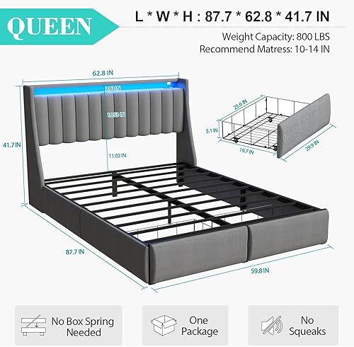 Miniatura 2 de Base de cama tamaño Queen con 2 cajones de almacenamiento, base de cama con plataforma tamaño Queen con luz LED, cabecera tapizada, estación de