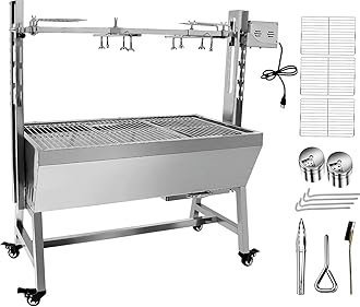 132LBS Stainless Steel Rotisserie Grill with Back Cover Guard, 25W Motor Small Pig Lamb Roaster, 37 Inch BBQ Charcoal Rotisserie Roaster for Camping & Outdoor Kitchen