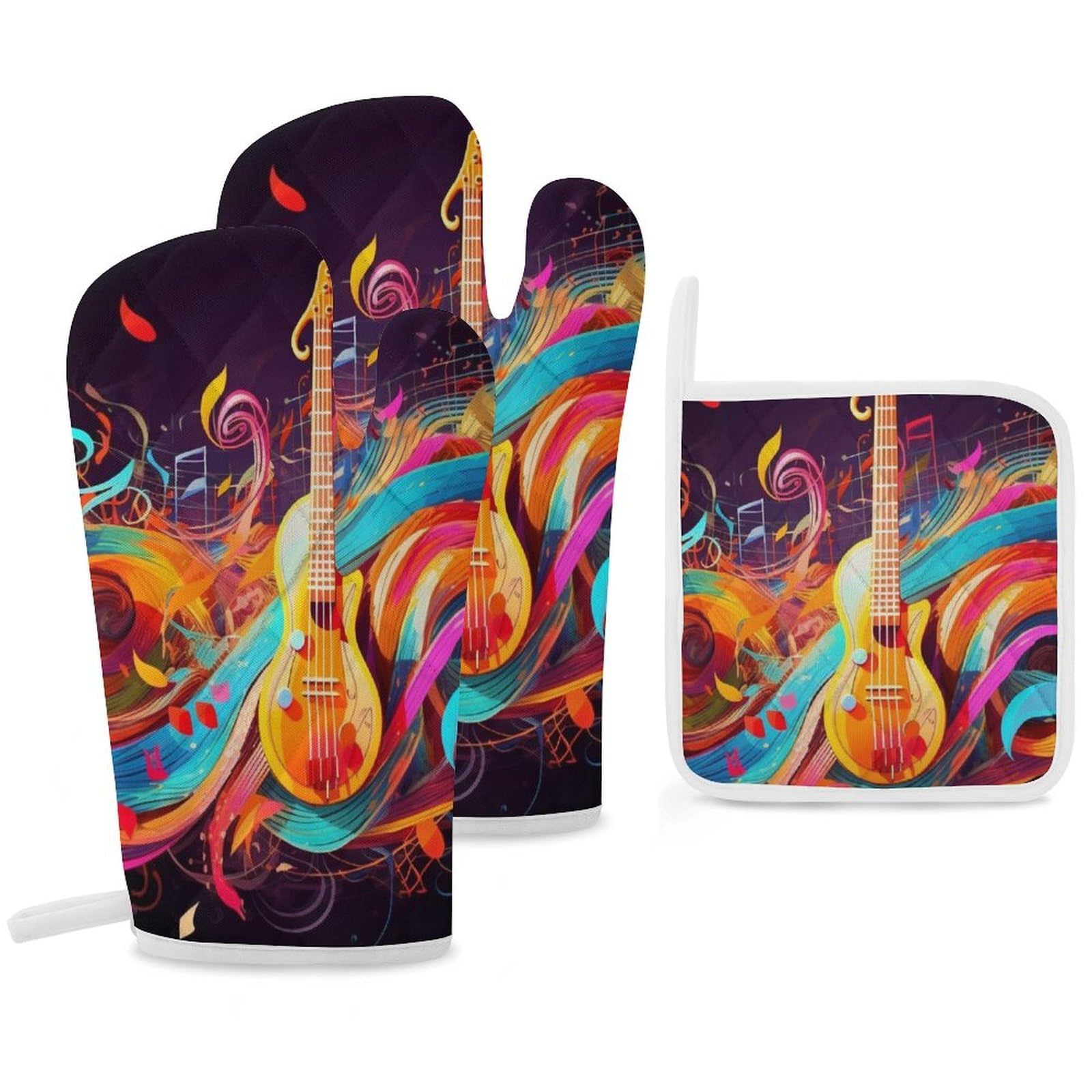 Oven Mitts and Pot Holders Set of 3 Heat Resistant Non-Slip Kitchen Gloves Hot Pads Colorful Musical Mittens Gloves Non-Slip Potholders for Cooking Baking Grilling BBQ