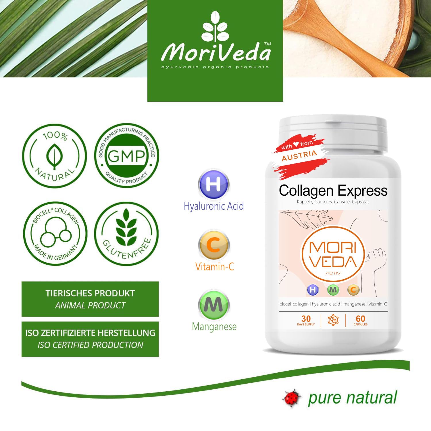 Capsule Collagen Express con collagene biocellulare di tipo II - 2 mesi di fornitura - acido ialuronico, condroitina solfato, vitamina C e manganese -pelle capelli articolazioni-da MoriVeda 2x60 pezzi
