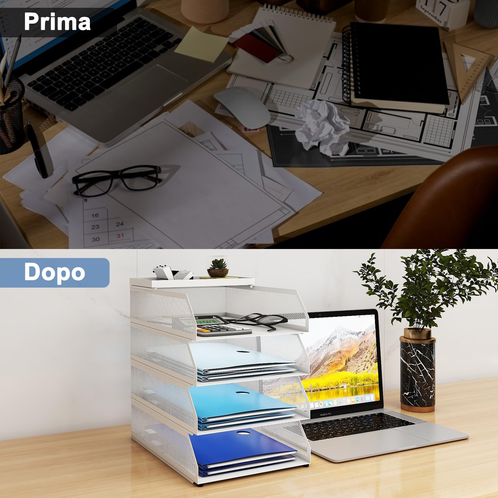 PUNCIA Vassoio per Lettere in Metallo a 4 Livelli Organizer da Scrivania per Ufficio Supporto da Scrivania per Accessori per Lettere di Carta 25x32x31,5CM per l'Ufficio Domestico e Scolastico(Bianco)